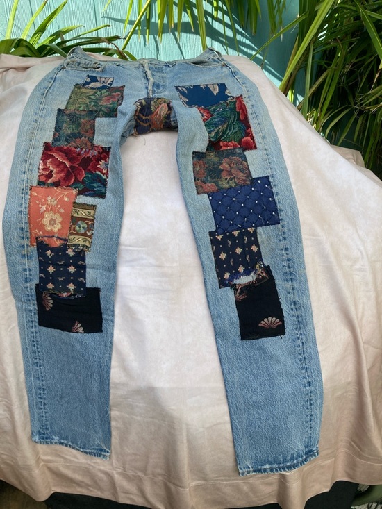 Levi's Denim - Levi's Light Wash Straight Leg Jeans with Multicolor Patchwork. Vintage 80’s